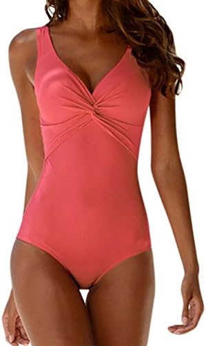 Clemunn Swimsuit Women's Plain Twist Front Padded Halter One Piece Sexy Backless Swimsuit Cut Out Monokini Swimwear Beachwear Bathing Suit (Pink, 2XL)