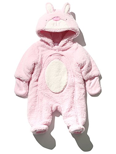 M&Co Baby Girl Long Sleeve Soft Sherpa Fleece Hooded Bunny Rabbit Winter Pramsuit And Mitts Pale Pink 6/9 Mnths
