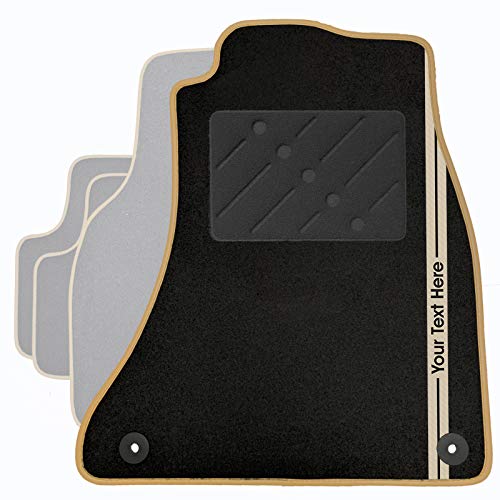 Classic Personalised Car Mats + Sandblast Beige Trim + Custom Text Stripe (506)