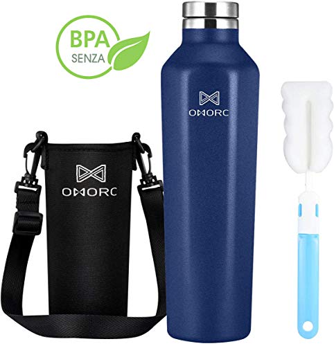 OMORC Bottigia Acqua Isolamento da 620 ml,Borraccia in Acciaio Inossidabile 316,Borraccia Sportiva con Pratico Portabicchieri,Spazzola per Tazze,per Corridori,Escursionisti,Picnic,Campeggio Blu