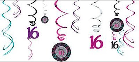 Amscan 16. Geburtstag - 12er Set Swirl Wirbel Hänger