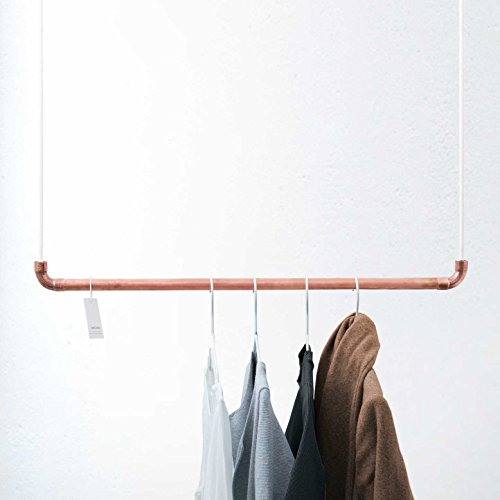 Design Kleiderstange von rod & knot – THE COPPERROPE aus Kupfer und Baumwollseil (weiß) hängend, Decken-Besfestigung, Kleiderständer oder Garderobe, Vintage, Antik, Rosegold – 110 cm - 4