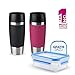 Produktbild Emsa Thermobecher 360 ml Travel Mug 2er Set + Gratis 1 L Frischhaltedose für unterwegs Luft und Wasserdicht (Isolierbecher mit doppelwandigem Edelstahlkörper, BPA frei, Spülmaschinenfest, 100% Dicht)