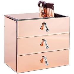 Beautify Boîte à bijoux 3 tiroirs - Couleur or rose - Effet miroir - Solution de rangement pour table ou bureau (Miroir)