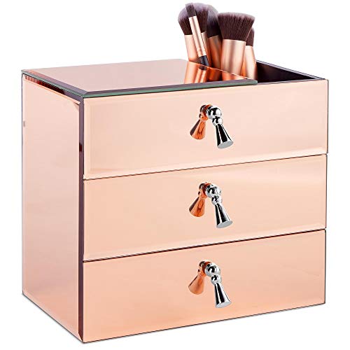 Beautify Boîte à bijoux 3 tiroirs - Couleur or rose - Effet miroir - Solution de rangement pour table ou bureau (Miroir)