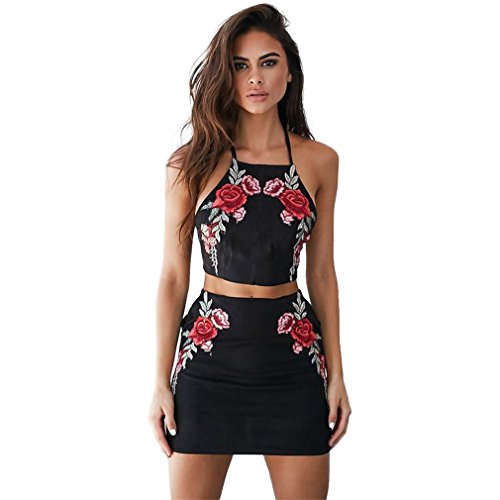 Preisvergleich Produktbild Vovotrade 1SetWomen Sexy Appliques Rose Print Sleeveless Strap Camisole Shirt+Skirt Item specifics (Size:M, Schwarz)