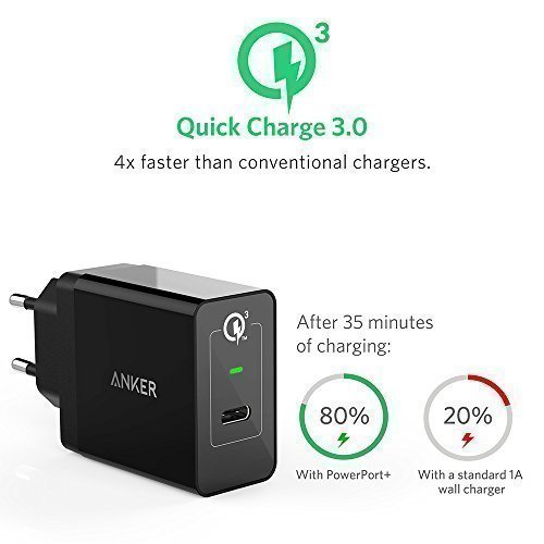 Anker PowerPort+ 1 24W USB C Ladegerät mit Typ C & Quick Charge 3.0 & PowerIQ Technologie, für Nexus 5X / 6P / Macbook 2016 / Sony XZ und andere Smartphone [mit 90cm USB C auf USB C Kabel) - 2