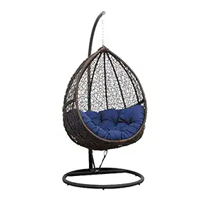 Black Oak Urban Oak Single Seater |Swing Chair with Stand & Cushion & Hook Outdoor Indoor| Outdoor| Living Room | Balcony | Garden | Patio | Home Improvement (Stand_Brown, Basket_Brown, Cushion_Blue)