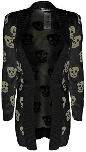 [Black, M-L] LADIES WOMENS GIRLS SKULL DESIGN GOTHIC KNITTED WARM WINTER OPEN CARDIGAN TOP