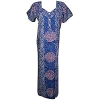 Mogul Interior Women's Cotton Nightgown Maxi Dress Royal Blue Printed Caftan House Dress L