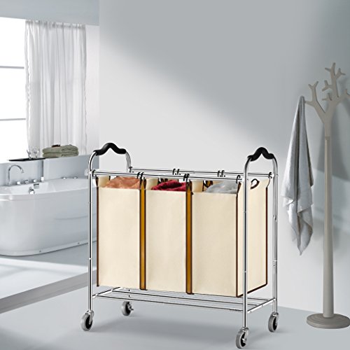 LANGRIA Wäschekorb Wäschesammler Rollend Wäschesortierer 3 Fächer Chrome Metal Rahmen 75 lbs Kapazität Beige - 2