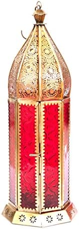 Insideretail Ltd Moroccan Style Lantern with a Brass Antique Finish and Red Glass, 12cm x 12cm x 31cm, Set of 2, Metal, 12 x 12 x 31 cm