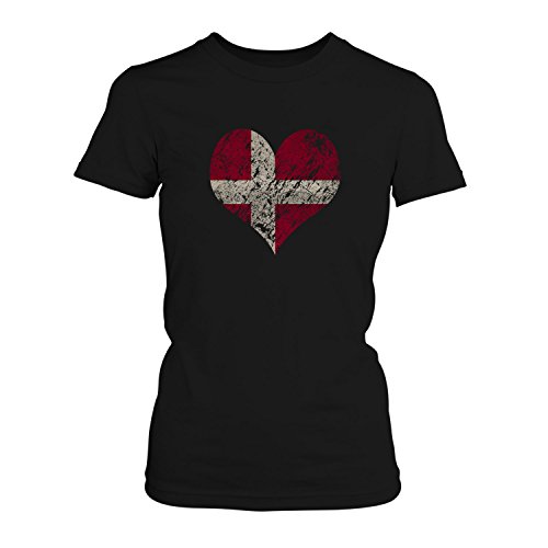 Fashionalarm Damen T-Shirt – I Love Denmark | Fun Shirt Trikot mit Vintage Flagge Print für Fußball & Dänemark Fans | Färöer Inseln | EM & WM, Farbe:schwarz;Größe:XS