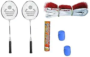 Cosco CB-89 Badminton Kit with 2 Rackets, 2 Grip, 1 Nylon Net and Field King Shuttle Cock (Multicolour) - Pack of 10