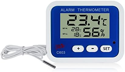 LCD Digital Mini Digital Alarm Clock Thermometer Hygrometer Humidity Gauge -Accurate Readings -(°C/°F) -Min/Max Records for Greenhouse, Cars, Home, Office with 1m Sensor Wire Batteries Included