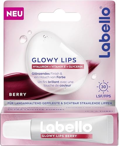 Labello Glowy Lips Berry – Crema solare per labbra SPF 30, idratante per un tocco di colore, lucidalabbra con acido ialuronico e vitamina E per labbra curate e luminose, 10 ml