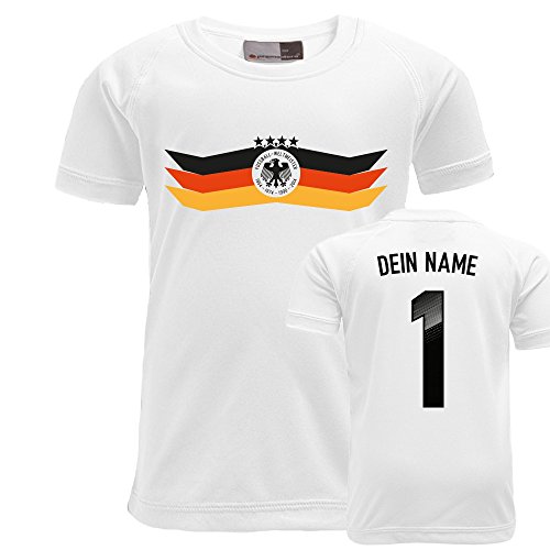 FABTEE – WM Fussball Kinder Fanshirt mit Wunschname und Nummer – Kinder Trikot Funktions T-Shirt von 3-14 Jahren, Größe:9 – 10 Jahre;Farbe:Weiß