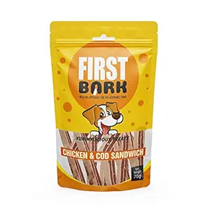 FirstBark Chicken Jerky Dog Treats, Human Grade High Protein Chicken, Fully Digestible Healthy Snack & Training Treat, Chicken & Cod Sandwich (2 X 70g) Sold by DogsNCats