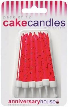 12 Red Glitter Cake Candles with Holders