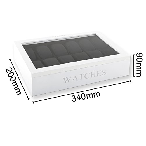 Uhrenbox für 12 Uhren inkl. Uhrenkissen im edlem Design schwarz oder weiß mit Glasfront 34 cm x 20 cm x 9 cm (Weiß) - 4