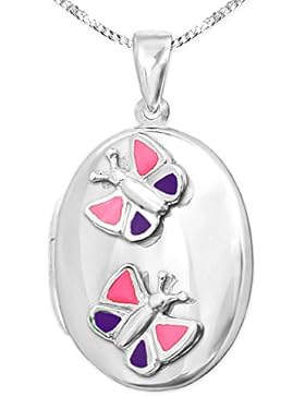 CLEVER SCHMUCK-SET Silberner Anhänger Kinder Medaillon 22 mm oval mit Schmetterling pink violett lackiert glänzend...