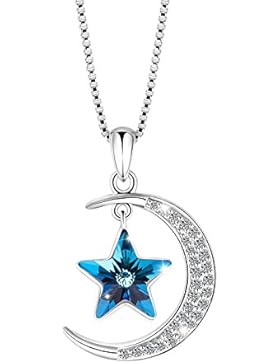 SIVERY “MOND und STERN” Damen kette mit Anhänger, mit Blau Swarovski Elements Kristall, halskette damen, schmuck...