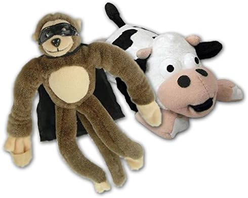 Flingshot Slingshot Stuffed Animal Toys - Screeching Black & White Cow and Amazing Brown Monkey - Pack of 2