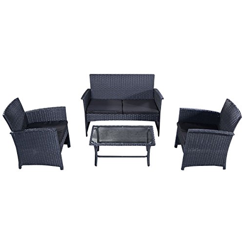 4tlg Poly Ratten Gartengarnitur Gartenmöbel Rattanmöbel Lounge Sitzgruppe Sofa Garten Set mit Glastisch Lounge Set Ratten Lounge Polyrattan Schwarz