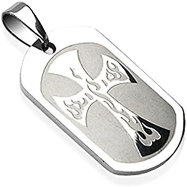 Urban HQ Stainless Flaming Flame Cross Engraved on a Tag Pendant - Approx size 20mm x 32mm (0.8" wide x 1.25" long) Supplied on A 20" Chain Necklace