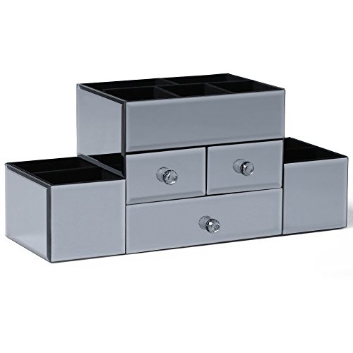 Beautify Rauchgrau Verspiegelte Glas-Schmuckschatulle & Make-up Ordnungssystem mit 3 Schubladen, 9 Aufbewahrungsfächern & Samteinlage inklusive GRATIS Glasreinigungstuch - 7