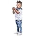 Produktbild Bekleidungssets, GJKK Kinder Baby Jungen Kurzarm O-Ausschnitt T-Shirt Tops Blusen mit Taschen + Schal + Denim Hosen Kleidung Outfits Sommer-Set Shortsset Kleidungs-Satz (Weiß, 2Jahr (85CM))