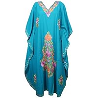Womens Kaftan Dress Blue Cotton Floral Embellished Resortwear Caftan 3XL