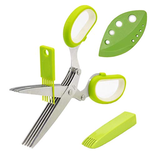 Herb Scissors, Multipurpose Kitchen Shears 5 Stainless Steel Blade with Safety Cover, Cleaning Comb and Herb Stripping Tool (Green)