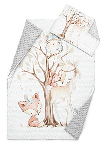 Preisvergleich Produktbild EliMeli Baby-Set BABYDECKE Kuscheldecke Krabbeldecke mit Kissen Premium Babybettwäsche weichem Minky Fleece Baumwolle Füllung bester Qualität Öko-Tex-Zertifikat Made in EU (Grey - Forest Friends II)