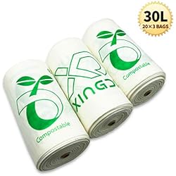 30 Litres Sacs Poubelle de Cuisine Compostables 100% Biodégradables et Compostables 60 x 50cm, Certifiés OK Compost HOME/EN 13432 l Blanc 60 Compte (3 x 20)