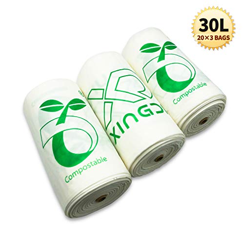 30 Litres Sacs Poubelle de Cuisine Compostables 100% Biodégradables et Compostables 60 x 50cm, Certifiés OK Compost HOME/EN 13432 l Blanc 60 Compte (3 x 20)