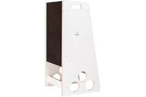 MAMI SRL Learning Tower in Legno con Scivolo Torretta Montessoriana per Bambini Sgabello Pedana Bimbo Apprendimento con 3 Livelli di Altezza (Bianco, Lavagna)