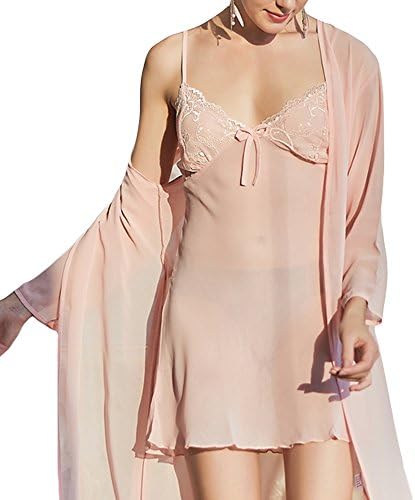 AIKOSHA Women's Women's Gauze Trim Strappy Night Dress and Dressing Gown 2 Piece Nightie Set