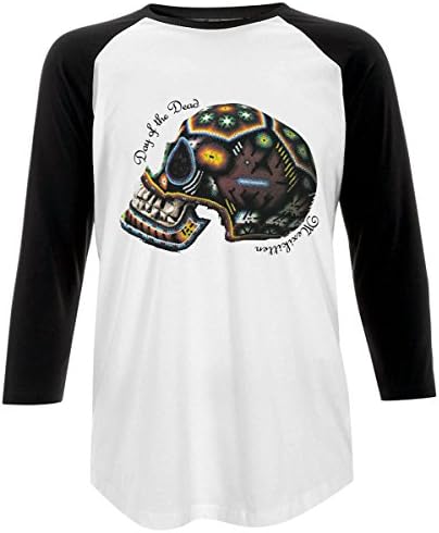 MexiKitten Tee Day of the dead Skull [Dia de los muertos] Halloween Skull T-shirt with rolled sleeves (M, Raglan)