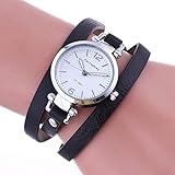 Rocita Damen-Armbanduhr, modisch, Quarz, analog, Casual, mit 3 Lederschichten, Armband (Batterie inklusive) Schwarz