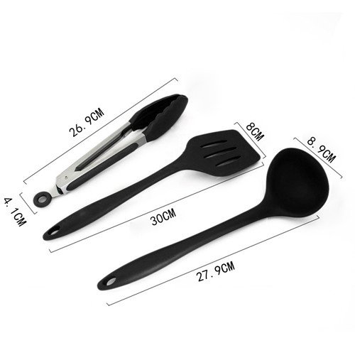 10er Silikon Küchenutensilien – Silikon Kochen Set – Zangen, Schneebesen, Pinsel, Spatel, Slotted Löffel, Nudel Löffel, Reis Paddel, Slotted Spatulla, Suppe Löffel, Hitzebeständige Kochutensilien, BPA Free Silikon Kitcen Werkzeug-Set(Schwarz) - 4