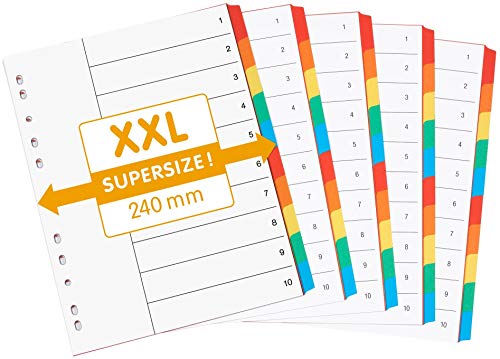 perfect line 5 pièces, 10 intercalaires DIN-A4 EXTRA LARGE, couleur avec page de garde (5x10), 24 x 29,7 cm, XXL séparateurs registre, 5 coloris, organisation parfaite dans le bureau pour classeur