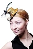 Modell: WH-018_G DRESS ME UP - Fascinator Miniatur Hut Mini Zylinder Gold Lametta Tinsel Damen Burlesque Feder Tüll H33