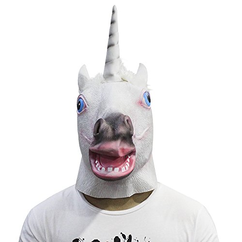 Weiß Einhorn Kopf Maske, Cusfull Einhornmaske Einhorn Latex Fasching Knopf Maske Vollmaske Tiermaske für Halloween Cosplay Kostüm - 2
