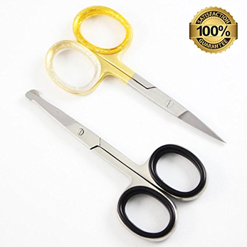 New 2 In One ! 1 x 3.5" Round Tip Stainless Steel Eyebrow Moustache Facial Nose Ear Hair Scissors - 1 x Professional Cuticle /Nail Scissors, Maincur/Pedicure Golden Scissors @ Best Price !