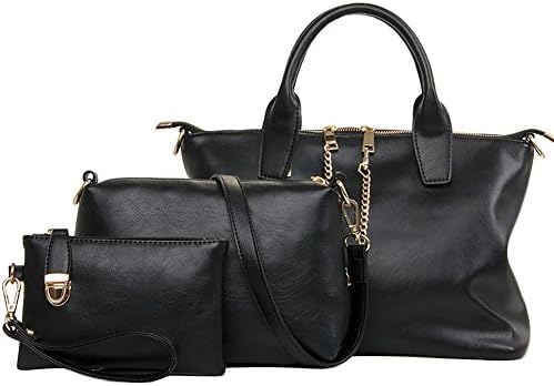 Onfashion Women's PU Frosted Leather 3 Pieces Set Bags Casual Tote Handbag Cross Body Shoulder-bag Purse Black