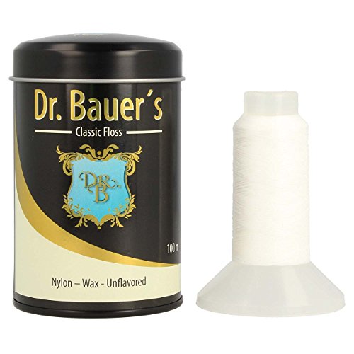 Dr. Bauers prima Hilo Dental 100m en una elegante caja de metal negro con tapa, rellenable, sin sabor - nylon - encerado