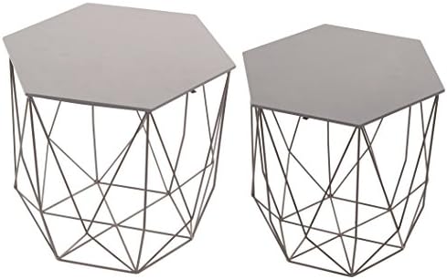 Hexagon Set of 2 Grey Six Sided Wire &amp; Wood Side Tables