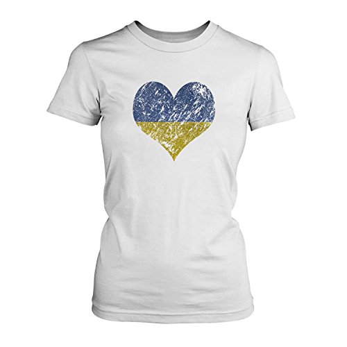 Fashionalarm Damen T-Shirt – I Love Ukraine | Fun Shirt Trikot mit Vintage Flagge Print für Fußball Fans | Urlaub Reise Ukrajina | EM & WM, Farbe:weiß;Größe:M