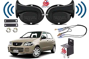 SHOP4U Square Shape Car Windtone Horn with Raley and Wire for Maruti Suzuki Alto (Set of 2 Horn with Relay and Wire, Black)